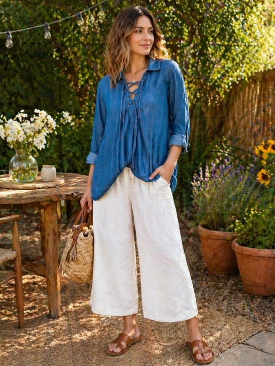 Michael Kors Tops - Michael Kors Chambray Lace Up Blouse Lyocell Denim Look Top Size M